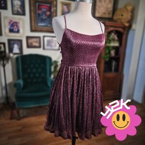 Vintage Y2K City Vibe Plum Purple Metallic Pleated Strappy Back Party Dress